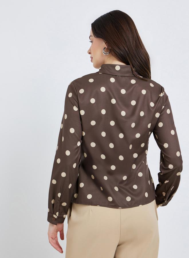 Styli Women Brown Polka Dot Tie Detail Shirt - Image 4